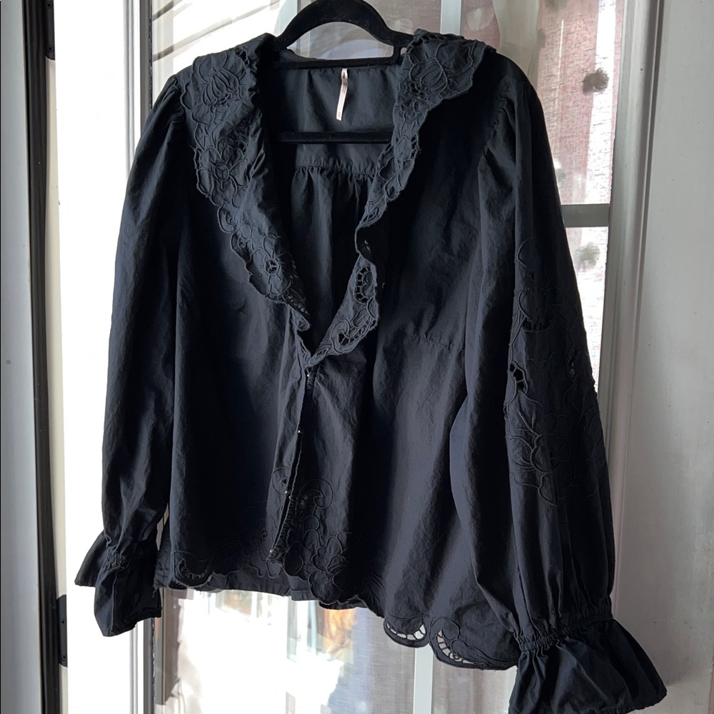 Anthropology Free People dark charcoal, gray Ruffled Lace Blouse